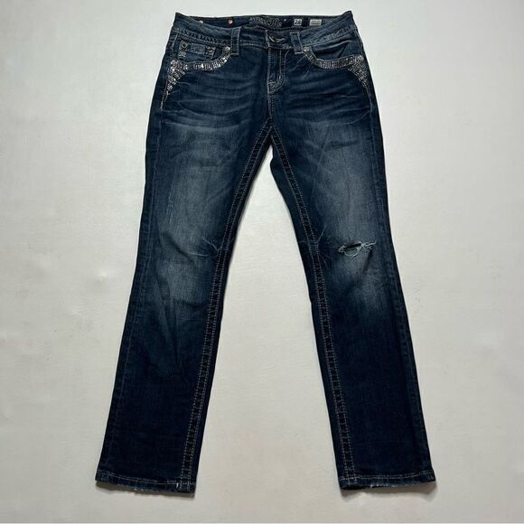 Miss Me | Bedazzled Whispering Effect Factory Distressed Signature Crop Jeans - Picture 1 of 10